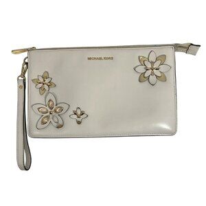 Michael Kors Flora Daniela White Clutch Wristlet 3D Flowers Floral Optic Bag
